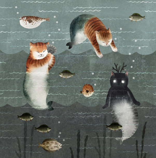 水彩画猫美人鱼和海图片下载