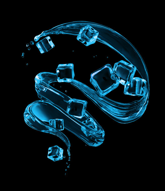 在黑色的背景上，水和冰块以漩涡的形状飞溅图片下载