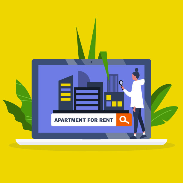 年轻女性角色使用网络平台寻找出租公寓/房屋租赁服务。平面可编辑矢量插图，剪辑艺术图片下载