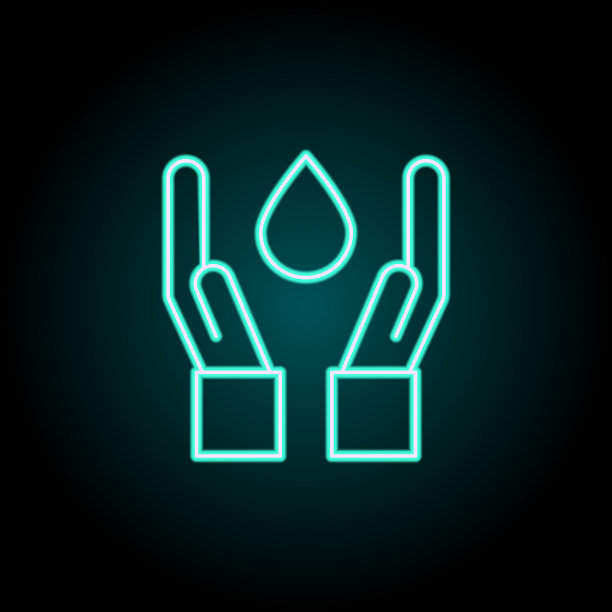 水在手上的轮廓图标。霓虹风格图标中的生态元素。简单的图标为网站，网页设计，移动应用程序，信息图形图片下载