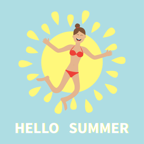 你好,夏天。穿着泳装的女子跳跃。太阳照耀的图标。快乐的女孩跳。穿着红色泳衣的卡通笑人物。微笑的女人在比基尼泳装。蓝色背景。平图片下载