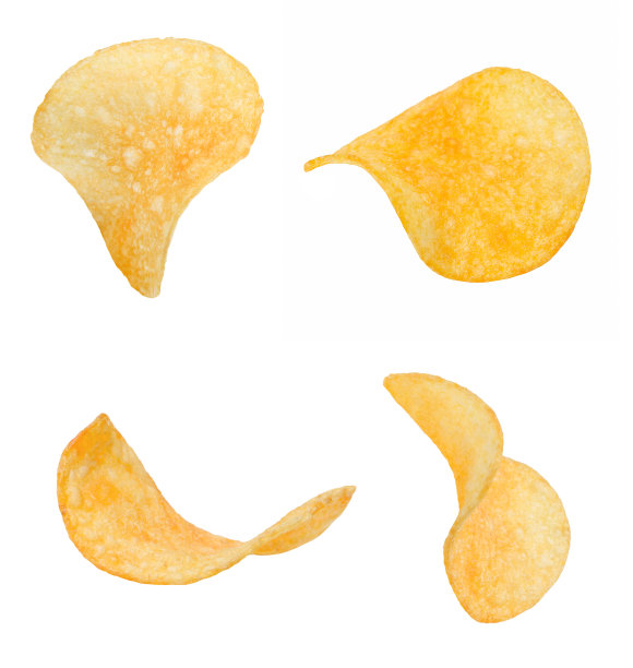 从不同的侧面切几片脆片。白色的孤立的背景。图片下载