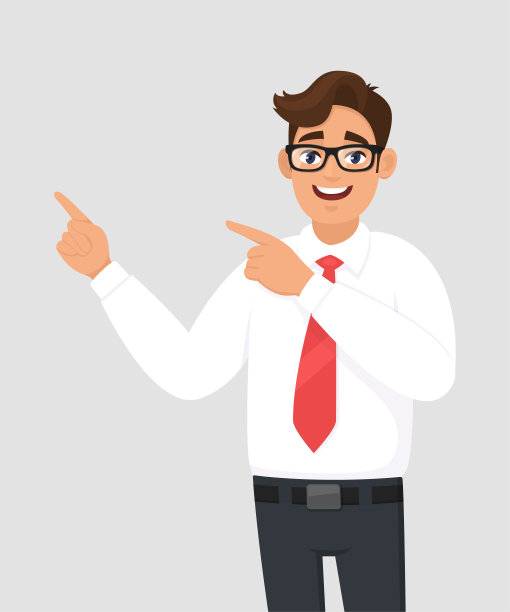 商家指手划脚地向旁边拷贝空间，广告产品的概念，介绍东西。男人用手势或手势表示。灰色/灰色背景的卡通插图。图片下载