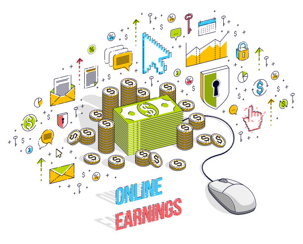 网上金融概念，网上支付，网上收益，网上银行，用电脑鼠标栈钱。矢量3d等距商业插图图标，统计图表和设计元素。图片下载