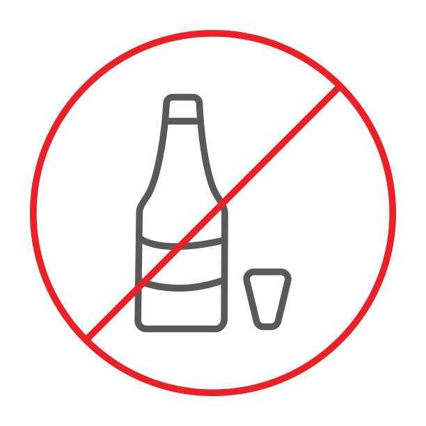 无酒精细线图标，禁止和禁止，无酒标志，矢量图形，白色背景上的线性图案。图片下载