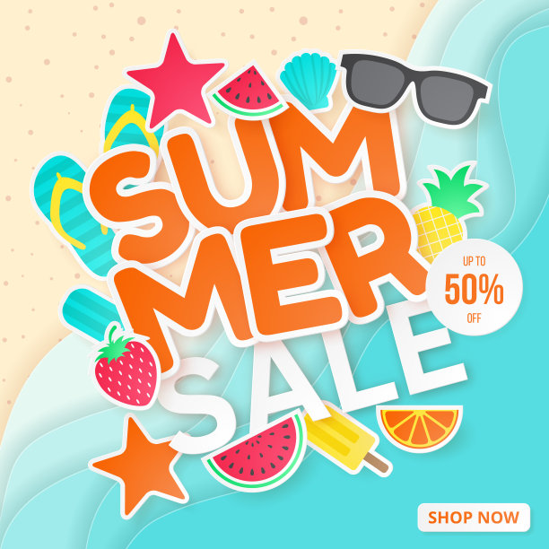 夏季销售矢量背景。剪纸。可用于横幅，墙纸，传单，邀请，海报，宣传册，优惠券折扣。图片下载