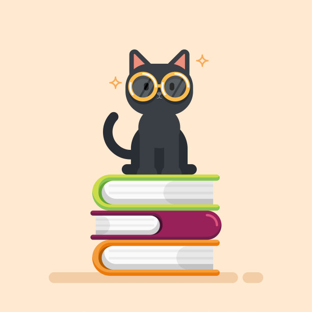 可爱的猫坐在一堆书，教育概念，矢量插图。图片下载