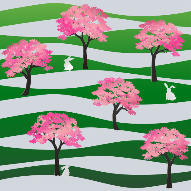 无缝图案与兔子在樱花公园复活节快乐，时尚，织物，纺织品，印花或墙纸图片下载