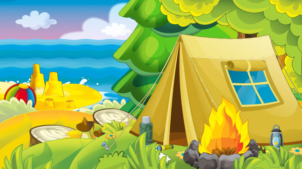 卡通夏季自然背景与森林附近的海洋或海洋图片下载