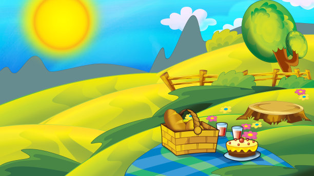 卡通秋色自然背景，以山间为文字空间图片下载