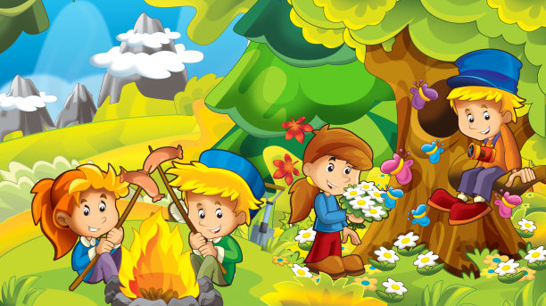 卡通秋天的自然背景在山上与孩子们玩耍图片下载