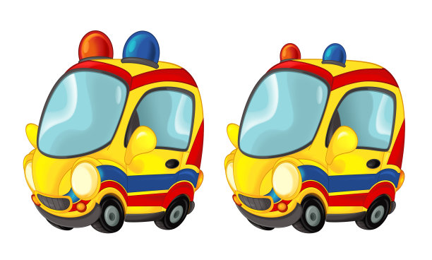 卡通快乐和有趣的看救护车在白色的背景图片下载