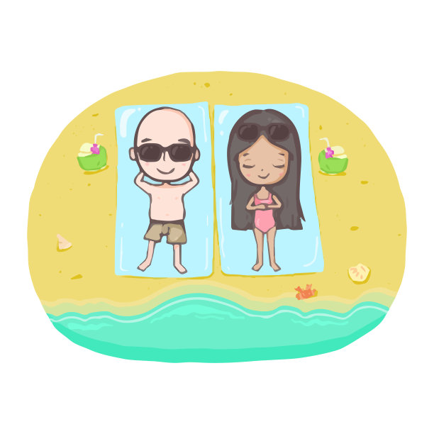 可爱的情侣时刻，一个男孩和一个女孩躺在海滩边晒太阳放松图片下载