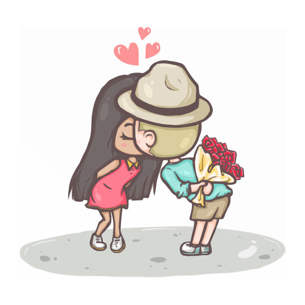 可爱的情侣时刻，一个男人藏着一束红玫瑰，亲吻一个女孩图片下载