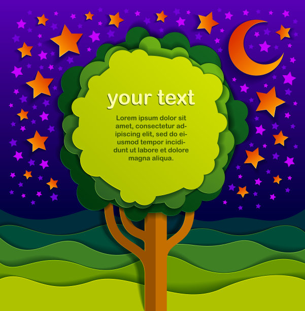 以图文树为空间复制空间，在野外风景自然景观卡通现代风格剪纸矢量插画。素材图片