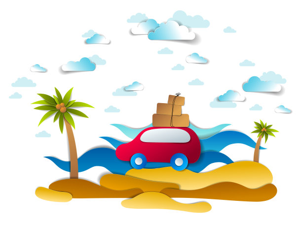汽车旅游旅游，带着行李箱的红色小货车骑着海边的棕榈树和海浪，天空中的云朵，剪纸矢量插图的汽车在风景如画的海景。海滩暑假。图片下载