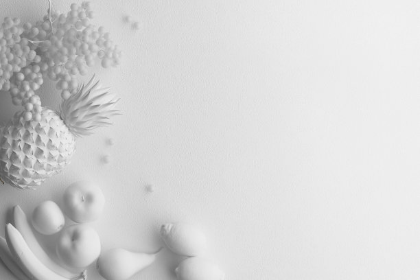 白色水果在白色背景上的单色构图。带有文本拷贝空间的横幅。俯视图上有一组食物。图片下载