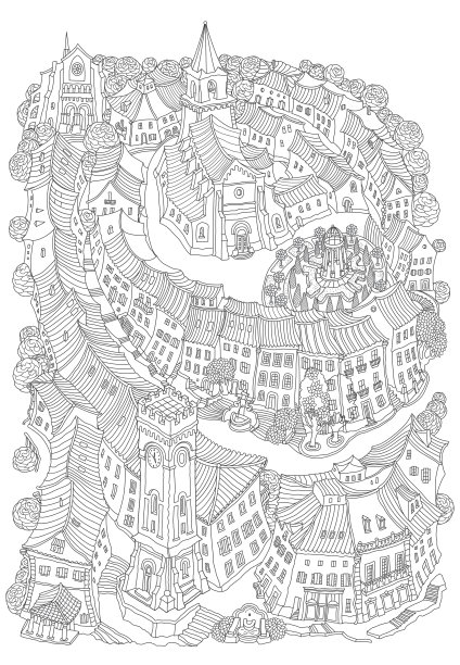 带有小型中世纪欧洲建筑的向量幻想城市景观。童话老城的街道，房子。手绘涂鸦草图。t恤黑白印刷，小册子封面，成人涂色书页图片下载
