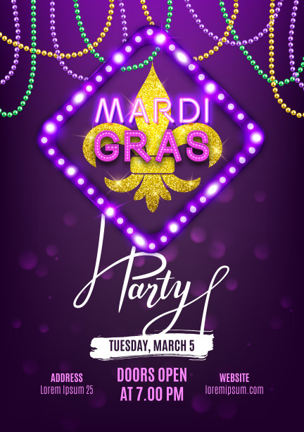 狂欢节派对旗帜，装饰珠和闪亮的金色符号，矢量插图图片下载