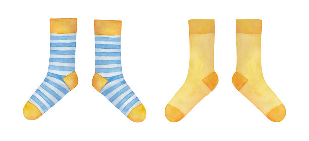 两套不同的可爱的纺织袜子。特写，正面视图，漂亮的颜色匹配。手绘水彩艺术绘画在白色的背景，剪纸剪辑艺术元素的创意设计。图片下载