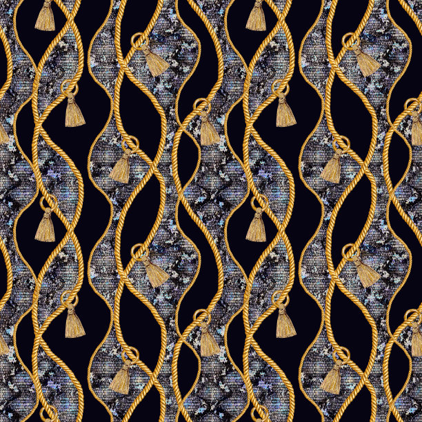 金链魅力蛇皮无缝图案插图。水彩纹理与金色链。图片下载