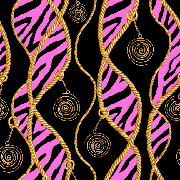 金色链条魅力斑马无缝图案插图。水彩纹理与金色链。图片下载