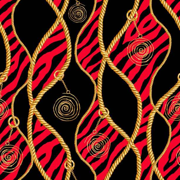 金色链条魅力斑马无缝图案插图。水彩纹理与金色链。图片下载