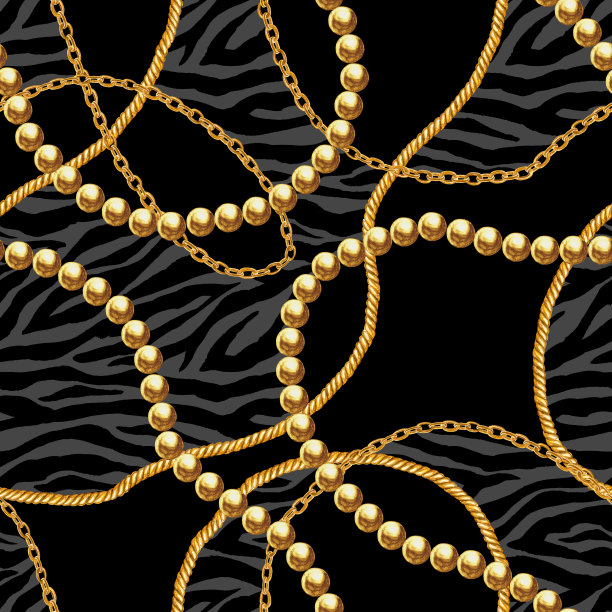 金色链条魅力斑马无缝图案插图。水彩纹理与金色链。图片下载