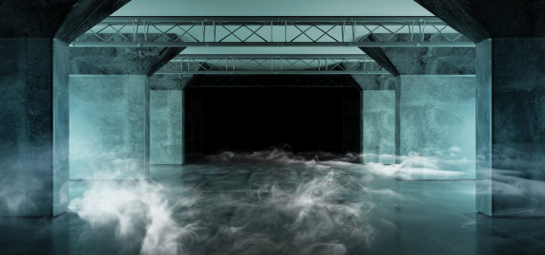 烟雾烟雾霓虹发光的蓝色复古科幻未来主义现代空垃圾混凝土反射舞台施工隧道走廊暗室大厅3D渲染图片下载