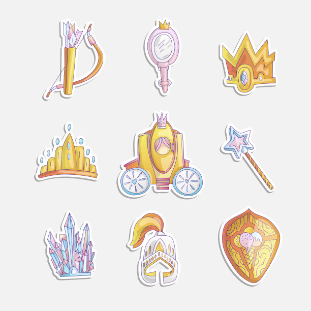 可爱的女孩公主图标集。收集可爱的公主贴纸与水晶，魔术棒，头盔和盾牌与马车。公主和战士卡通贴纸图片下载