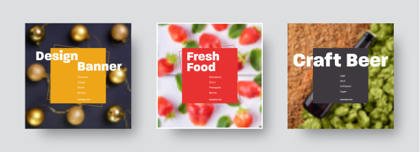 模板集向量横幅与照片的背景和一个正方形的颜色元素与笔画的文本。图片下载