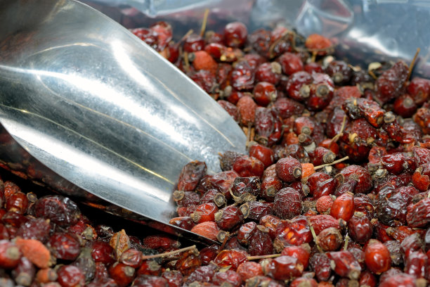 干玫瑰果和一个金属勺图片下载