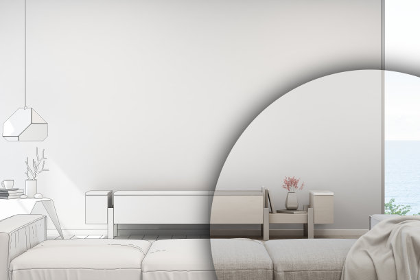 海景豪华海滨别墅客厅，配有电视架和木柜。空的白色混凝土墙背景在度假屋或度假别墅。图片下载