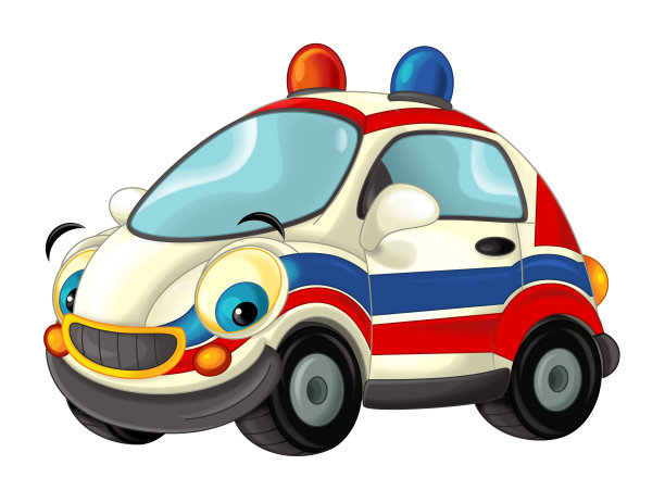 卡通快乐和有趣的看救护车-在白色的背景图片下载