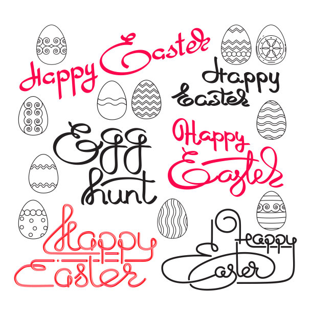 复活节快乐。带有鸡蛋的手写字母。向量。图片下载