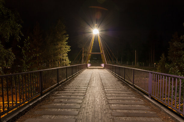 长曝光照片，空木桥人行道在晚上在芬兰。桥在路的上面。图片下载