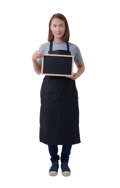 穿着灰色衬衫和围裙的女服务员、送货员或女服务员被隔离在白色背景上图片下载