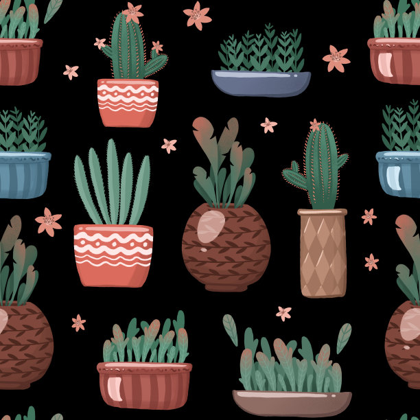 颜色简单，平面无缝的不同盆与绿色肉质软管在黑色的背景。素材图片