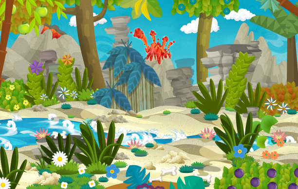 卡通场景与河流附近的丛林和火山的背景图片下载