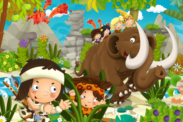 穴居女人在猛犸象穿越丛林的卡通快乐场景图片下载