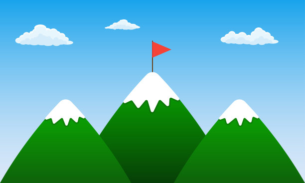 山峰上有一面旗帜。卡通山与天空和云。矢量插图。图片下载