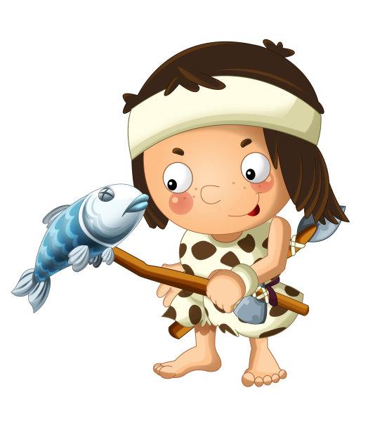 卡通场景与快乐的野人野蛮战士烤鱼在白色的背景图片下载