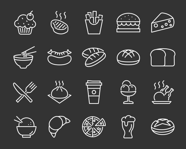 一套食物图标，如面包、米饭、肉、饮料图片下载