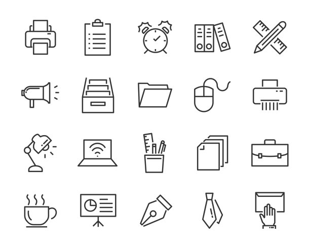 办公室图标集，如会议室，文件，咖啡，纸，笔，笔记本电脑图片下载