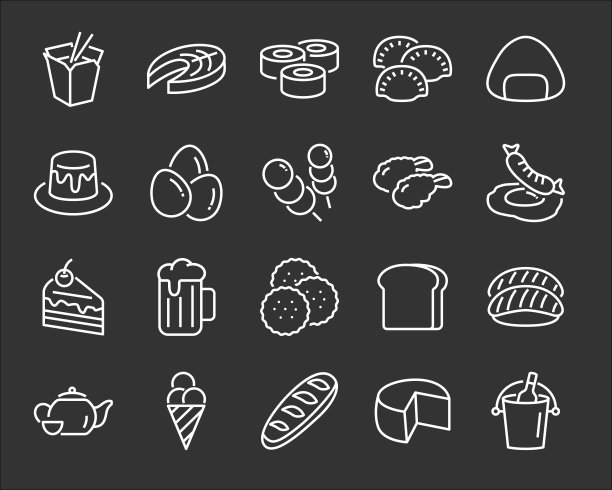 一套食物图标，如面包、米饭、肉、饮料图片下载