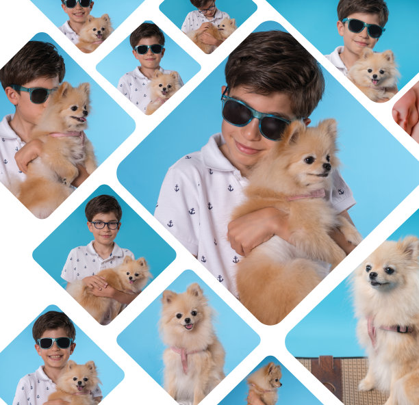 快乐的男孩和她的博美犬斯皮茨型狗图片下载