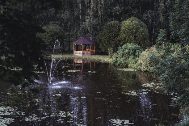 穆迪，黑暗的照片，木制的夏天花园房子在一个公园，在树林之间的公园喷泉附近-饱和，复古的看，秋天的一天图片下载