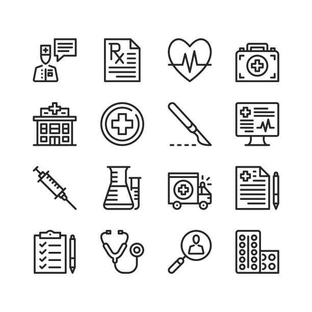 医疗保健的图标集。药品、医疗的概念。像素完美。线性的,轮廓符号。细线的设计。向量线图标集图片下载