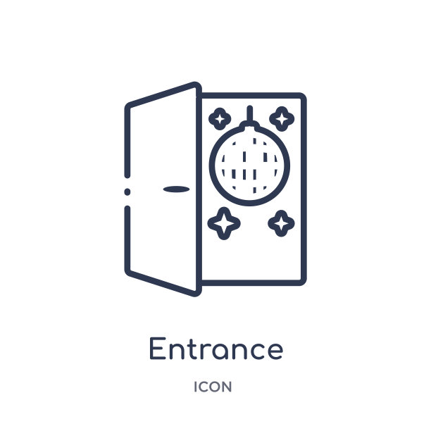 从迪斯科舞厅轮廓集合线性入口图标。细线入口矢量隔离在白色背景上。入口潮流插画图片下载