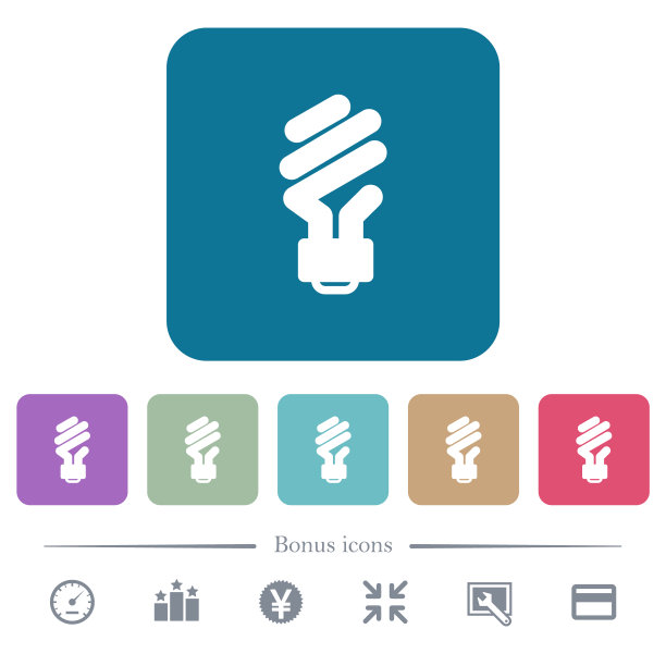 节能荧光灯灯泡平面图标上的颜色圆形方形背景图片下载